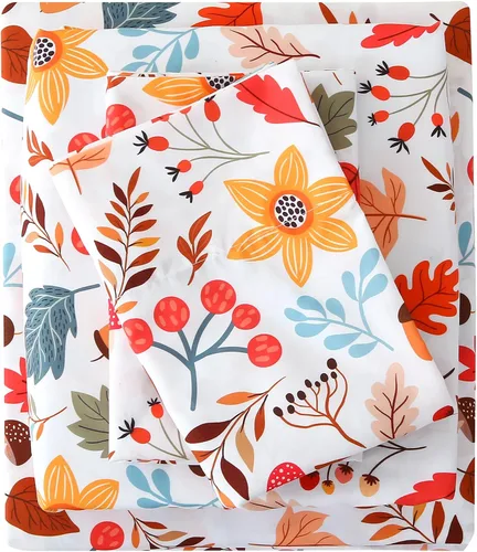 Miniatura 16 de Viviland - Juego de sábanas florales para cama de tamaño matrimonial, 4 piezas con diseño de moño impreso y flores vintage, sábanas suaves