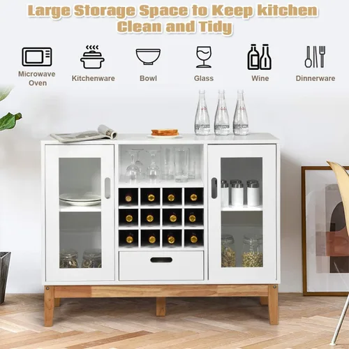 Miniatura 4 de Giantex Aparador de buffet, servidor de cocina de madera, armario de almacenamiento, estante para vino, 2 gabinetes, cajón y estante abierto