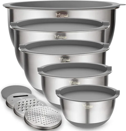 Miniatura 9 de Wildone Juego de 5 cuencos anidables para mezclar con tapas herméticas, 5 piezas de cuencos de acero inoxidable color caqui para cocina