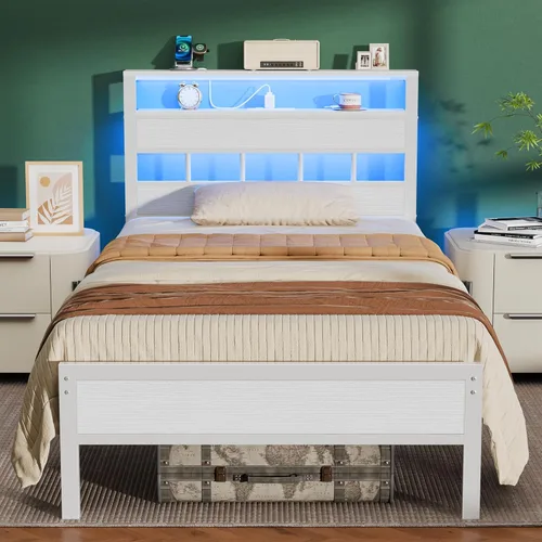 Miniatura 12 de Furnulem Base de cama individual con estación de carga y luces LED, cama de plataforma de tamaño individual con listones de metal, cabecera de Roble