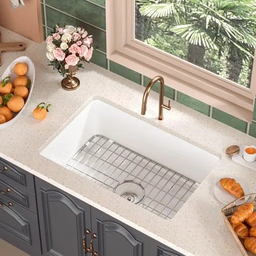 Miniatura 12 de DeerValley Fregadero de Cocina Empotrado de 45.7 cm L x 45.7 cm A Fregadero de Un Solo Tazón de Barro Refractario Cuadrado para Barra con Rejilla