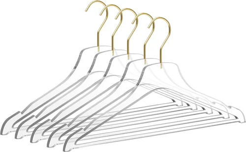 Quality Hangers Perchas de acrílico transparente Lucite – Paquete de 5 con barra de ganchos dorados mate – Perchas para ropa como pantalones, Gancho
