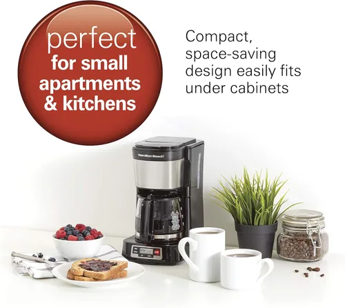 Miniatura 2 de Hamilton Beach Cafetera de goteo de 5 tazas con cesta de llenado frontal fácil, diseño compacto, reloj programable, jarra de vidrio, pausa