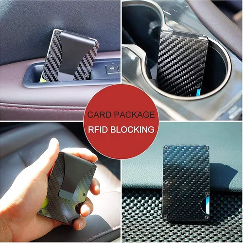 Miniatura 5 de Lywencom Billetera de fibra de carbono, bloqueo RFID tarjeta antirrobo ultra delgada titular de crédito en efectivo negro, clip de dinero de metal