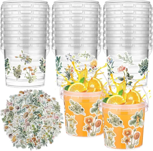 Miniatura 18 de PerKoop 20 cubos de helado de 32 onzas con tapas y asas, cubos transparentes de ron de cóctel con calcomanías, tina transparente de plástico