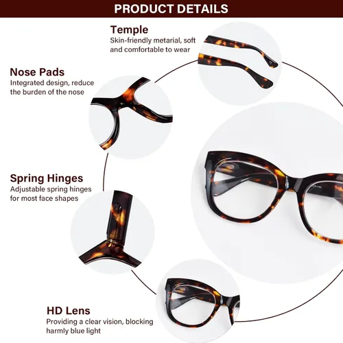 Miniatura 2 de Gafas de lectura de gran tamaño para mujeres y hombres, marco grande de moda, bloqueo de luz azul, lentes de lectura con bisagras de resorte tortuga