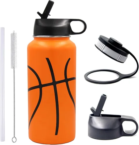 Miniatura 17 de Botella de agua de baloncesto de 12 onzas, botella de agua deportiva aislada al vacío de acero inoxidable con popote y 2 tapas, botella de agua