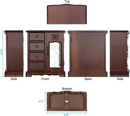 Miniatura 4 de RR ROUND RICH DESIGN Joyero de madera maciza para maquillaje y organizador de anillos para mujer, con 4 cajones integrados, collar carrusel y espejo