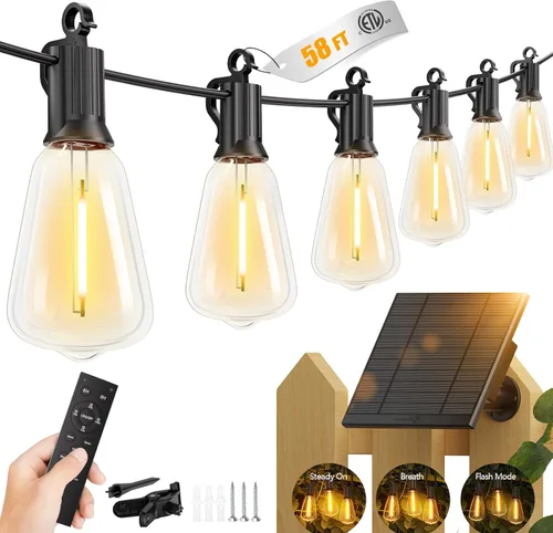 Miniatura 10 de Brightown Guirnalda de luces solares de 37 pies para exteriores, impermeable, con control remoto, 10+1 bombillas LED inastillables, regulables