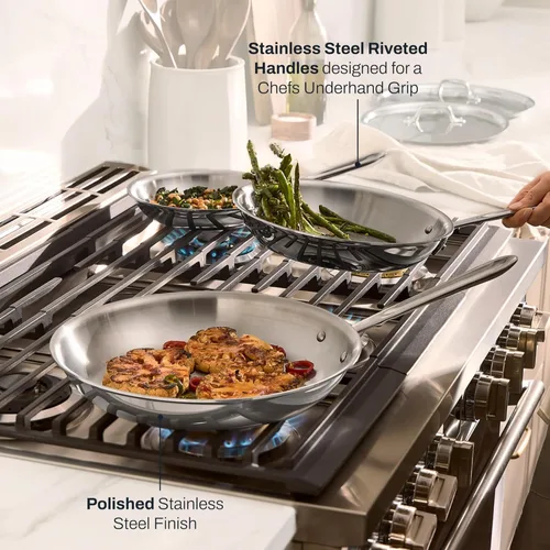 Miniatura 6 de All-Clad D3® - Juego de sartenes de acero inoxidable de 5 piezas, fabricado en Estados Unidos, incluye sartenes de 8, 10 y 12 pulgadas con tapa