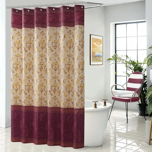 Cortina de ducha de tela de 72 x 72 pulgadas, color vino borgoña con estampado de damasco bohemio dorado y amarillo, decoración de baño impermeable