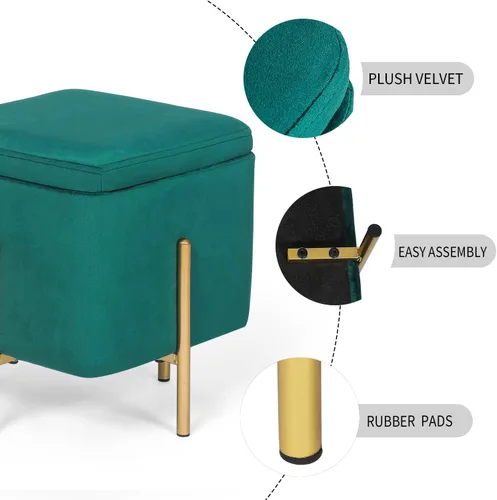 Miniatura 7 de Adeco Otomanas de almacenamiento cuadradas tapizadas, otomanas modernas de terciopelo verde con almacenamiento para sofá