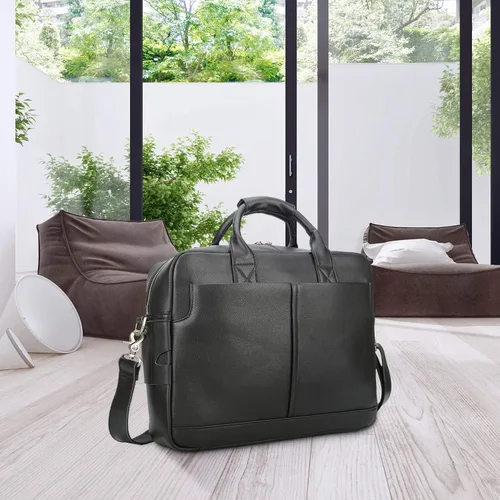 Miniatura 9 de Maletín de cuero genuino de grano completo para hombre de 16 pulgadas, bolsa de mensajero con cremalleras YKK (negro)