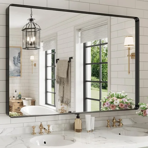 Miniatura 93 de WEER - Espejo de baño dorado, espejo de 40x32 pulgadas con marco de metal dorado cepillado, espejo de tocador de baño de oro para pared