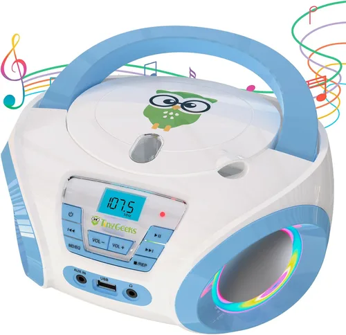 TinyGeeks Tunes Reproductor de CD para niños Boombox - NUEVO 2023 - Radio FM - Baterías incluidas - Linda radio CD blanca con altavoces para niños y