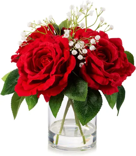 Miniatura 7 de ENOVA FLORAL Flores artificiales de rosa de seda grandes en jarrón, rosas falsas blancas con jarrón y agua sintética para centros de mesa de boda