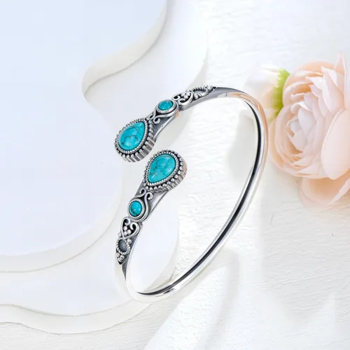 Miniatura 4 de Pulsera de turquesa para mujer, plata de ley 925, turquesa auténtica, pulsera abierta, ajustable, apilable, vintage, piedra natural, regalos