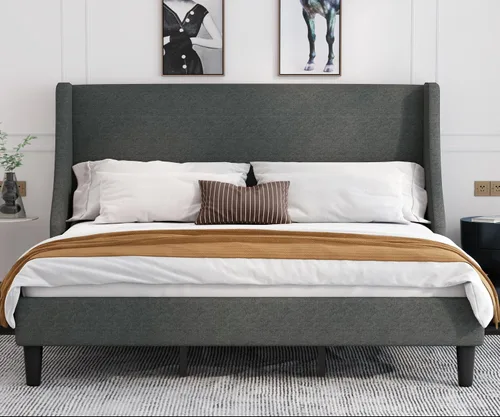 Miniatura 3 de Allewie Estructura de Cama de Plataforma Tamaño King con Cabecera Tapizada – Diseño Moderno Deluxe con Respaldo Alado, Soporte de Listones de Gris