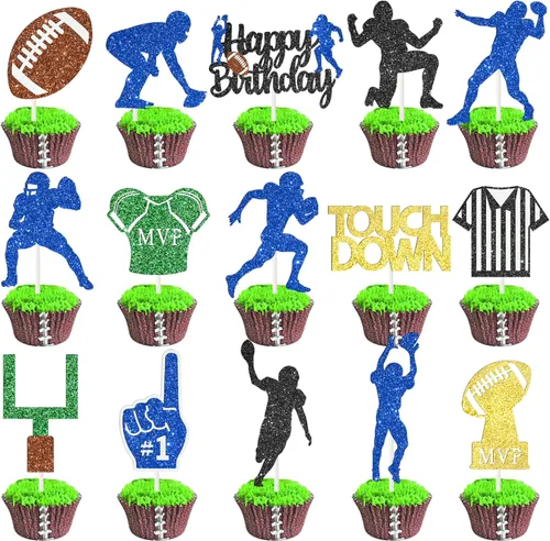 24 decoraciones de fiesta de fútbol con purpurina para cupcakes, decoración de fiesta de cumpleaños, decoración de pastel de rugby para jugadores de