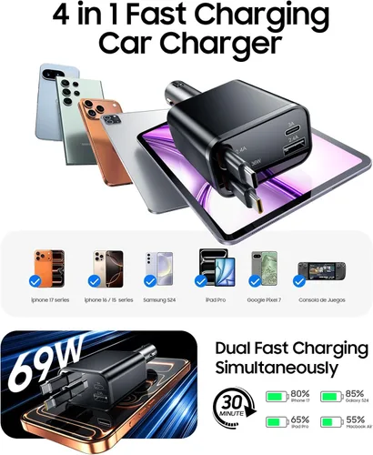 Miniatura 2 de Cargador retráctil para automóvil, cargador rápido 4 en 1, accesorios USB C para auto, camión, regalos esenciales de viaje para mujeres y hombres
