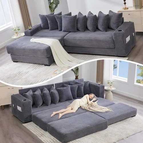 Miniatura 25 de Sofá modular moderno de 111 pulgadas, sofá de pana en forma de L con diván izquierdo, salón extra ancho, 8 almohadas, juego de sofá esquinero