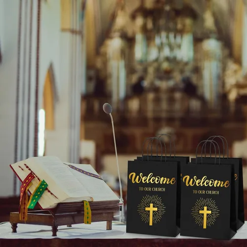 Miniatura 6 de Chuangdi 50 bolsas de regalo de bienvenida a la iglesia, bolsas de papel cristiano con asas para invitados, día de la madre, baby shower, Negro