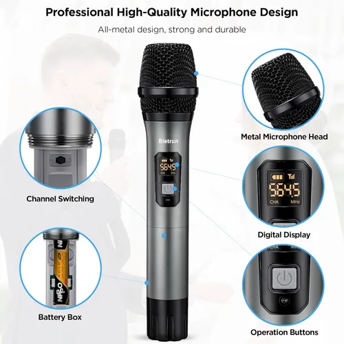 Miniatura 5 de Bietrun Micrófono Inalámbrico XLR, Conjunto de Micrófono Dinámico de Metal Portátil Dual UHF con Receptor Recargable, Adaptador XLR a 1/4