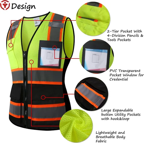 Miniatura 3 de Chaleco de seguridad reflectante de alta visibilidad para hombres y mujeres con bolsillos y cremallera frontal, cumple con los estándares ANSI/ISEA