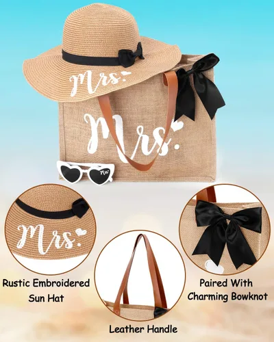 Miniatura 3 de Percozzi Wifey Bride Tote Bag Sun Hat Glasses Set Bride-To-Be Shower Gift Honeymoon Jute Bag Kit multicolor/fantasía (MRS)