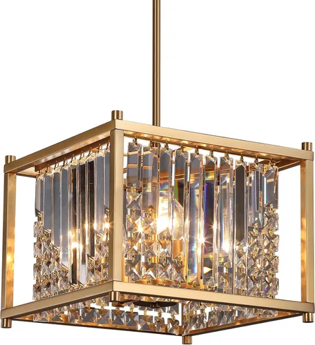 Miniatura 2 de Q&S Candelabro de oro, moderno candelabro industrial de cristal cuadrado dorado con 4 luces colgantes para comedor, pasillo, entrada, isla