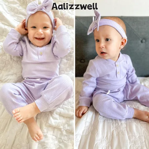 Miniatura 2 de Aalizzwell Traje acanalado de manga larga neutral para bebé con sombrero y diadema