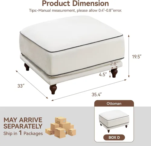 Miniatura 2 de Otomano cuadrado de 35'' para sofá seccional modular, otomanos tapizados y móviles con reposapiés para sala de estar, dormitorio, chenilla blanca