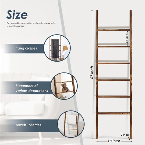 Miniatura 2 de Escalera de madera para manta de 6 niveles, 5.7 pies (66.5 pulgadas), soporte para mantas, colchas y toallas, escalera decorativa, fácil montaje