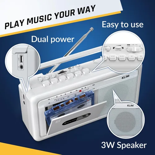 Miniatura 6 de KLIM Reproductor de casetes portátil y grabadora de cinta, Boombox con radio AM/FM, USB, Bluetooth, altavoz y conector para auriculares, funciona
