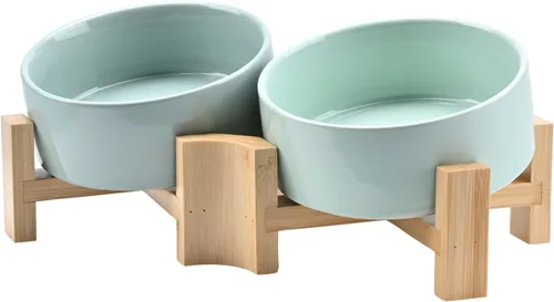 Miniatura 14 de SPUNKYJUNKY Cuenco de cerámica inclinado de 15° para perros y gatos con soporte de madera, cuenco inclinado para comida y agua para bulldog Blanco