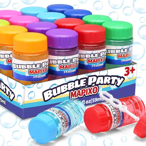 Paquete de 16 burbujas para recuerdos de fiesta de niños, botella de burbujas con varita unida a la tapa, juego de burbujas de 8 colores a granel