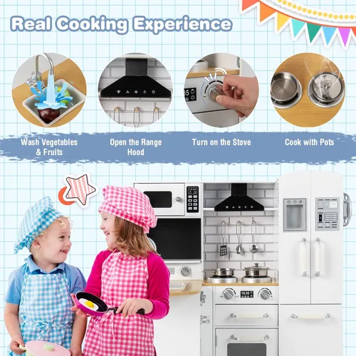 Miniatura 3 de Costzon Juego de Cocina de Esquina para Niños, Juego de Cocina de Madera de Juguete 11 en 1 con Lavadora Realista, Microondas, Horno, Estufa