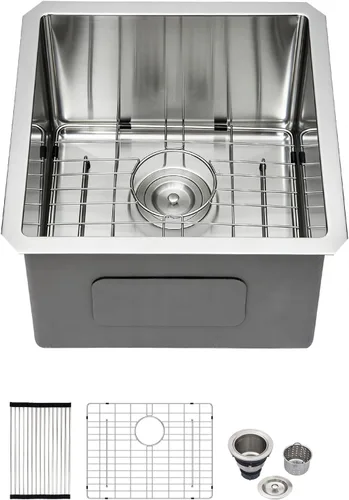 Miniatura 32 de Kichae fregadero de cocina bajo encimera de 32 pulgadas, de un solo tazón, de acero inoxidable, calibre 16, de esquina redonda, hecho a mano