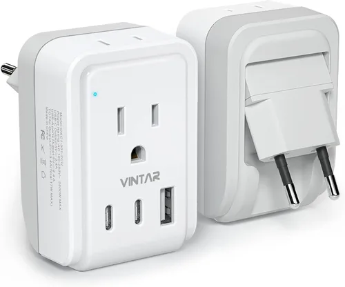 VINTAR - Paquete de 1 adaptador de enchufe de viaje europeo, enchufe de alimentación internacional plegable con 2 salidas de CA, 3 puertos USB (2