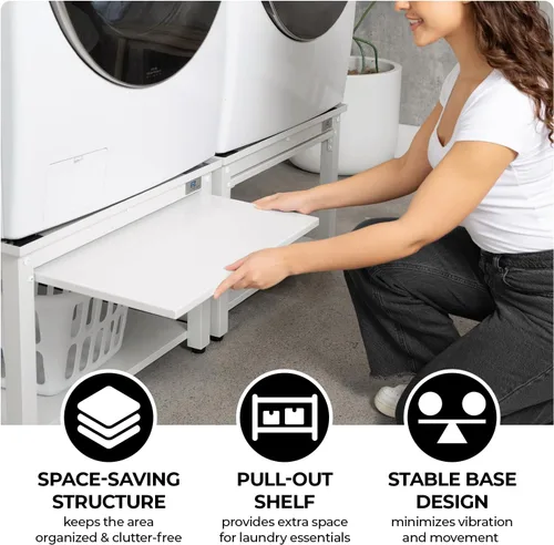 Miniatura 9 de Pedestal para lavadora y secadora con estante extraíble, 27 pulgadas de ancho, 18 pulgadas de alto, acero blanco, ajuste universal con las Blanco