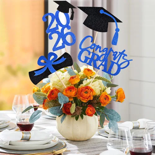 Miniatura 6 de Juego de 20 decoraciones de fiesta de graduación 2026, centro de mesa de graduación de doble cara con purpurina para mesas, mesas, accesorios