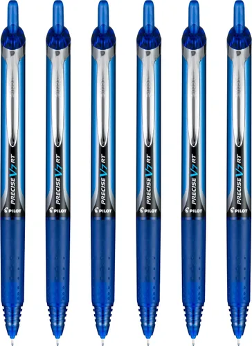 PILOT Precise V7 RT - Bolígrafos de tinta líquida recargables y retráctiles, punta fina (0.7 mm), tinta azul, paquete de 6 - Ideal para la escuela,