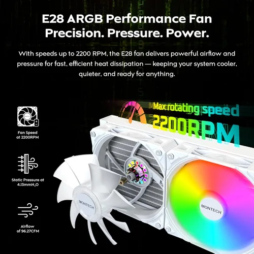 Miniatura 46 de MONTECH HyperFlow Digital 240 - Enfriador líquido de CPU, AIO de 9.449 in con bomba de 3100 RPM, 2 ventiladores E28 ARGB de 4.724 in, pantalla
