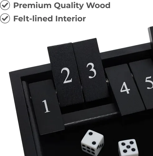 Miniatura 5 de WE Games: juego de mesa de madera "Shut The Box" - Juego de pub para cerrar la caja con 12 fichas de números y 2 juegos de dados - Acabado negro