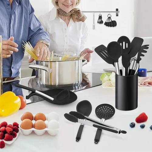 Miniatura 7 de LIANYU Juego de 43 utensilios de cocina de silicona, espátula con soporte, resistentes al calor, utensilios de cocina antiadherentes, mango de acero