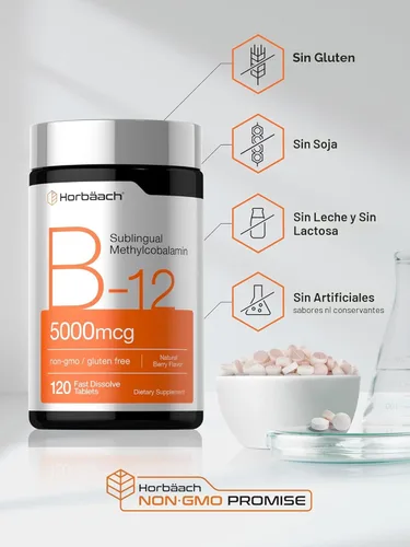 Miniatura 5 de Horbäach Vitamina B12 de 5000 mcg 120 tabletas de disolución rápida Metilcobalamina sublingual Suplemento vegetariano, sin OGM y sin gluten