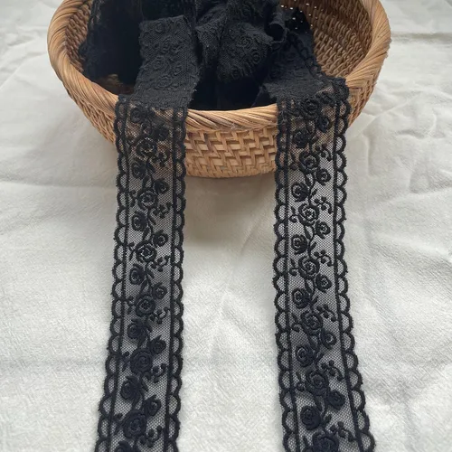 Cinta de encaje, delicada cinta floral negra para decoración de boda/nupcial, costura artesanal, decoración del hogar, 5 yardas (flor negra)