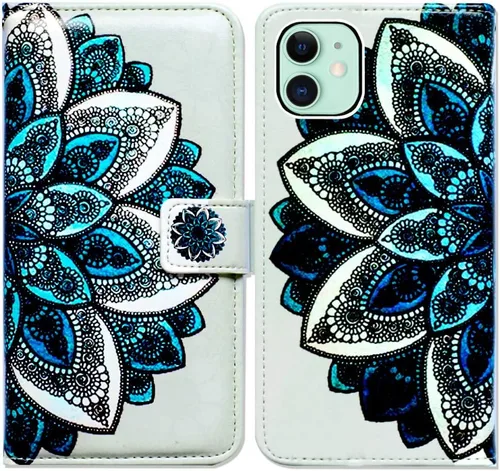 Miniatura 18 de Bcov Funda para iPhone 11, funda de piel con tapa y función atril para iPhone 11, diseño de flores y mariposas azules