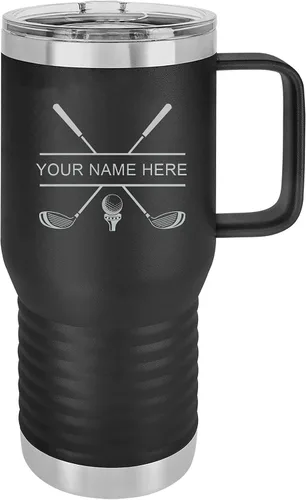 Vaso aislado de acero inoxidable de doble pared con grabado personalizado para palos de golf y golfista, taza de café de viaje de 20 onzas, asa,