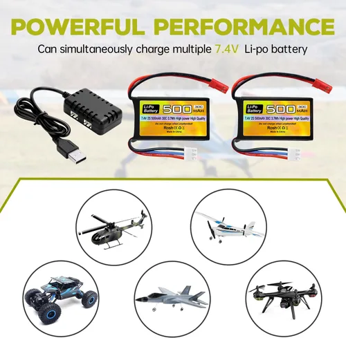 Miniatura 6 de Batería Lipo de 7.4V 500mAh 30C con enchufe JST-2P con cargador 2 en 1 para helicóptero RC Quadcopter pequeño avión micro FPV Racing Drone RC coche